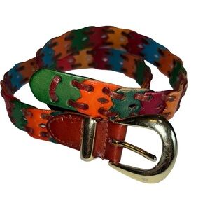 Vintage Genuine Leather Stitched Squares Colorful Belt Gold-tone Buckle Sz SM